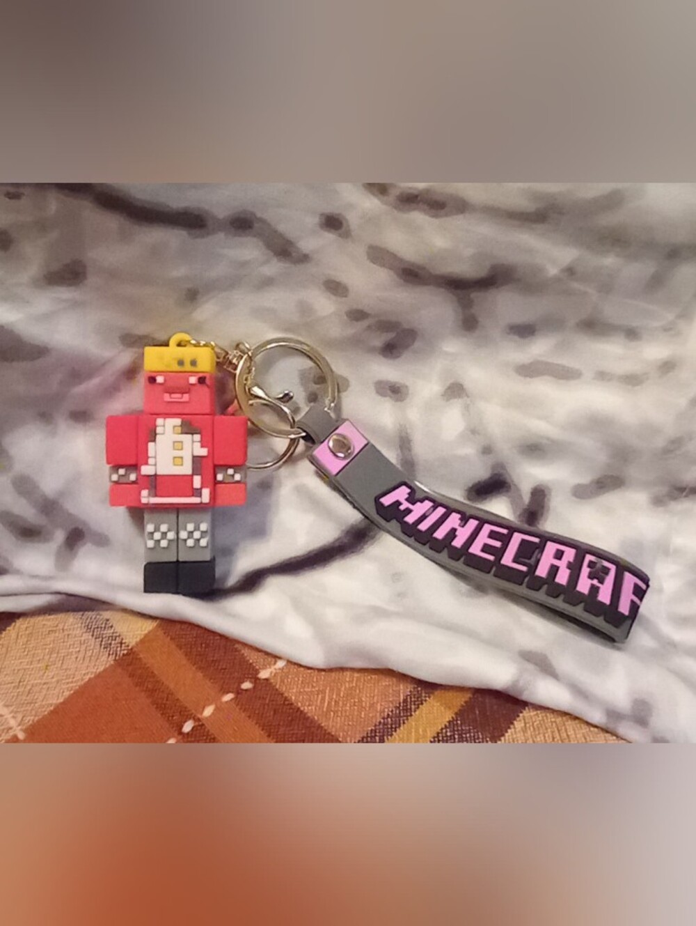Minecraft Rubber Keychain with Red Pixel Figure